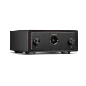 Marantz integrated stereo amplifier with two large front knobs and a central display on a brushed metal front panel on a black chassis behind a clear edge of the display window.