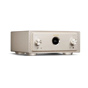 Beige Marantz integrated stereo amplifier with two large knobs and a circular display in the center