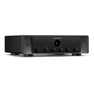 Marantz Model 50 integrated amplifier with black brushed metal front panel and multiple control knobs on the faceplate with a round display in the center.