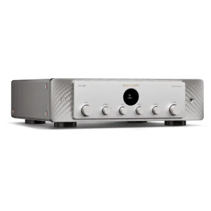 Marantz Model 50 integrated stereo amplifier with a silver front panel and multiple control knobs on the faceplate, round display in the center.