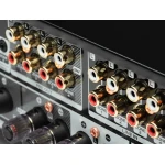 Close-up of a back panel with gold-plated RCA audio jacks labeled L and R in two rows, including zone 1 and zone 2 terminals and LINE IN connectors