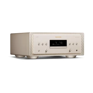 Front view of a beige Marantz integrated amplifier with a brushed metal front panel and a central display panel