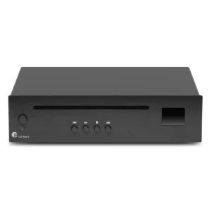 Front view of a black CD player with a long horizontal disc slot, four circular control buttons, a left-side round knob, and a square display area on the right.