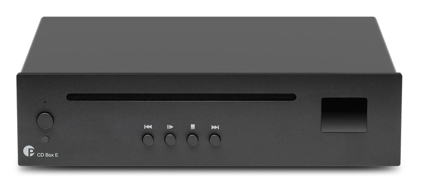 pro-ject-cd-box-e-cierna - Enigma High Fidelity Audio Front view of a black CD player with a long horizontal disc slot, four circular control buttons, a left-side round knob, and a square display area on the right.