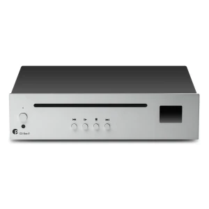 Front view of a silver CD player with a long horizontal disc slot, playback controls, and a small display window on the right.