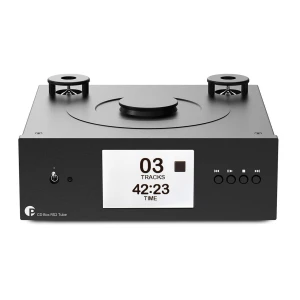 Front view of a black CD player with a circular disc tray on top and a display showing 03 tracks and 42:23 time.