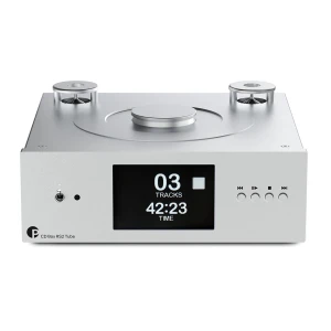 Silver CD transport with a front display showing 3 tracks and 42:23 time, model CD Box RS2 Tube on the bottom left edge.
