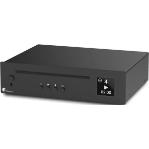Front view of a dark gray CD player with a slim slot-loading drive, control buttons, and a small display showing '4' and a 2:00 timer.