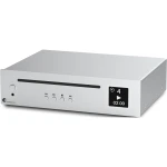 Silver CD player with a front-loading slot, control knobs, and a small display showing track 4 and 02:00