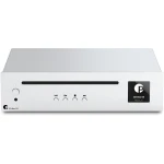 Front view of a silver CD player with a horizontal slot and playback buttons, labeled CD Box S3 on the front panel.