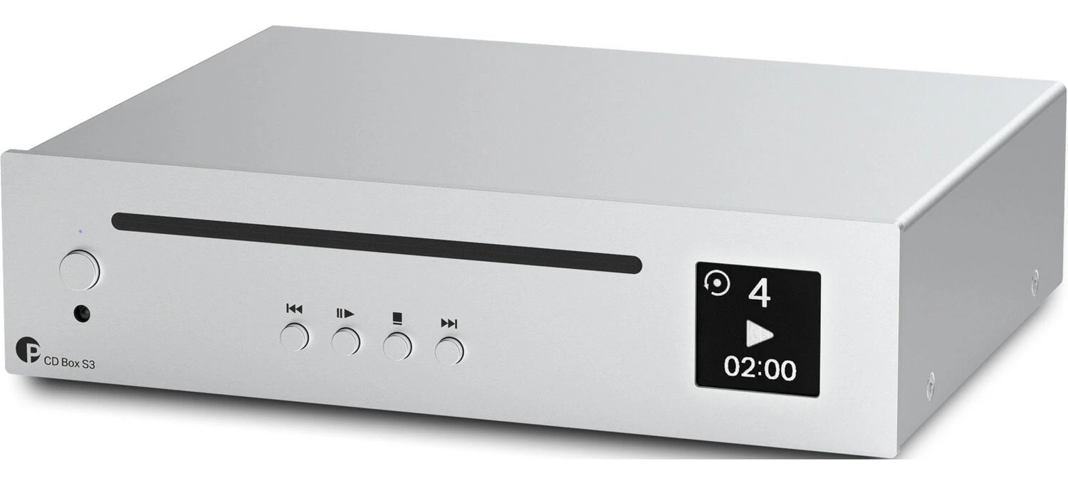 pro-ject-cd-box-s3-strieborna - Enigma High Fidelity Audio Silver CD player with a front-loading slot, control knobs, and a small display showing track 4 and 02:00