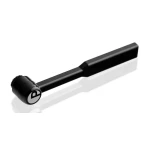 Black rubber stamp with a round face displaying the letter D, shown angled on a white surface.