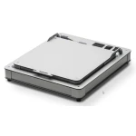 External hard drive enclosure with a drive installed, silver metal casing and black base, viewed from above.