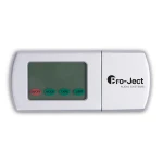 Silver Pro-Ject audio system remote with display and four labeled buttons: ON/OFF, MODE, TARE, LIGHT.