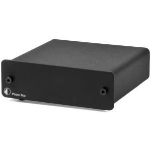Front view of a compact black Phono Box external phono preamplifier with two screws on the front panel.