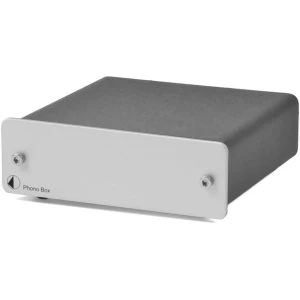 Front view of a Phono Box preamplifier with a white faceplate and two screws on the panel (informational device image).