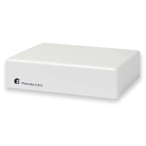 White rectangular Phono Box E BT5 audio interface box, shown from a front-left angle with a small logo on the front panel.