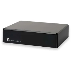 Black rectangular audio device labeled 'Phono Box E BT5' on the front, a compact phono preamplifier