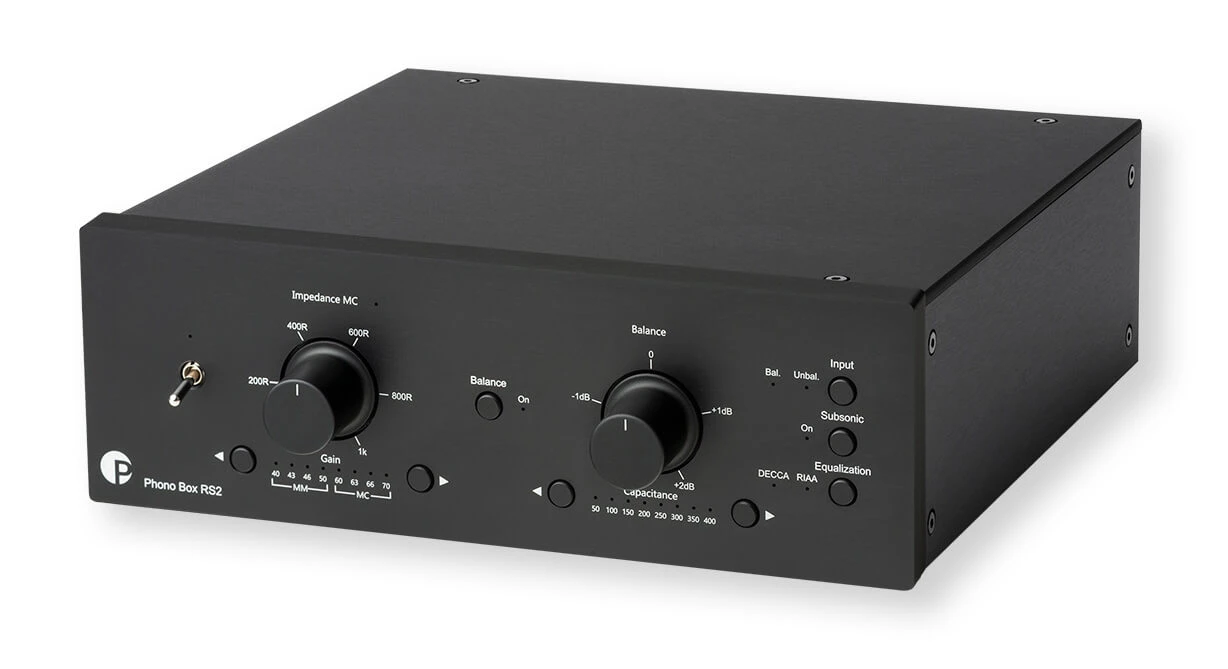 pro-ject-phono-box-rs2-cierna - Enigma High Fidelity Audio Front view of a black Phono Box RS2 phono preamplifier with two large knobs (Gain and Balance/Capacitance), small switches, and input indicators on the panel for turntable signal processing.