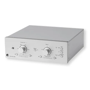 Silver audio preamplifier front view with two large knobs labeled Impedance MC and Balance and several smaller buttons and indicators. Phono Box RS2 branding visible on left. 1/2/3D layout example text omitted for clarity.