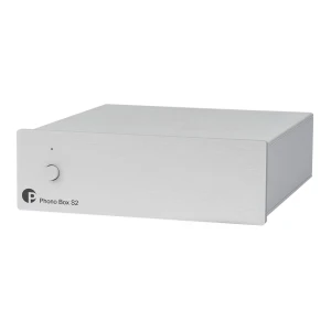 Front view of a silver Phono Box S2 phono preamplifier with a single knob and a small LED indicator on the left.