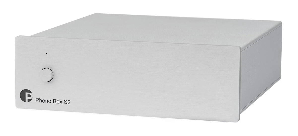 pro-ject-phono-box-s2-strieborna - Enigma High Fidelity Audio Front view of a silver Phono Box S2 phono preamplifier with a single knob and a small LED indicator on the left.