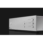 Silver audio amplifier front panel with labeled knobs (Input, Subsonic, Gain dB) and meters reading Loading Ohms and Loading pF against a dark background, brushed metal finish.