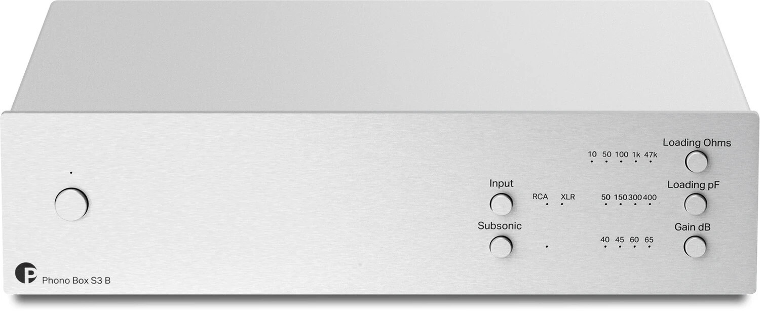 pro-ject-phono-box-s3-b-strieborna - Enigma High Fidelity Audio Front view of a silver Phono Box S3 B phono preamplifier with input and subsonic switches on the left and loading controls on the right, including Load Ohms, Load pF, and Gain dB knobs and indicators.