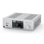 Front view of a silver USB audio interface with an LCD screen showing PCM settings and a large front knob.
