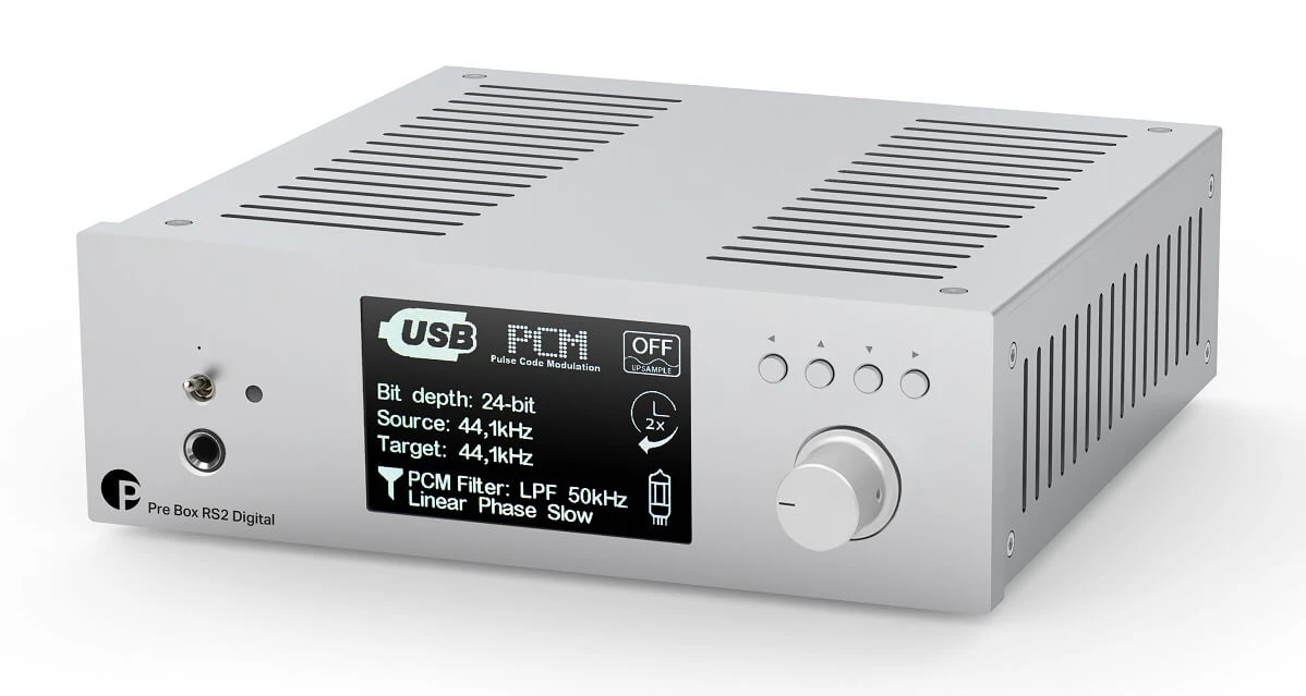 pro-ject-pre-box-rs2-digital-strieborna - Enigma High Fidelity Audio Front view of a silver USB audio interface with an LCD screen showing PCM settings and a large front knob.