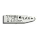 White Pro-Ject Audio Systems alignment gauge with measurement markings and hole for mounting on a tonearm endpiece.