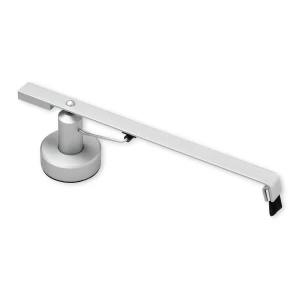Adjustable silver metal desk lamp with a circular base and long articulated arm.