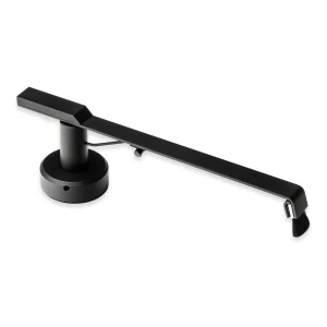 Black adjustable lever with a long arm attached to a circular base; small brush at the end of the arm.