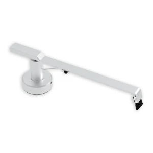Chrome single-handle faucet with long rectangular lever mounted on a round base.
