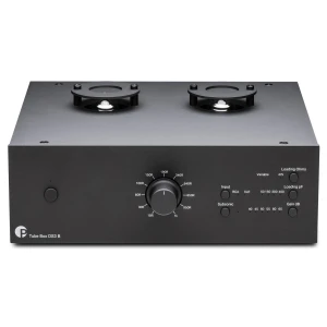 Front panel of a PS Audio Tube Box DS3 B preamplifier with a large central knob, input and loading controls, and two vacuum tubes visible on top.