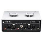 Audio interface back panel with XLR inputs, 1/4" outs, RCA jacks, and power connector for pro audio gear