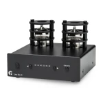 Black two-tube audio preamplifier (Tube Box E) with exposed vacuum tubes in protective circular cages on top.