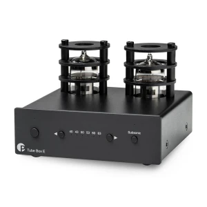 Black two-tube audio preamplifier (Tube Box E) with exposed vacuum tubes in protective circular cages on top.