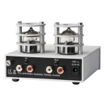 Dual-tube vacuum amplifier with metal cage mounts and front-panel RCA inputs/outputs (In and Out).