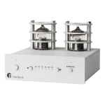 Stereo tube amplifier with two glass vacuum tubes in metal cages and a brushed aluminum front panel labeled Tube Box S2 and Subsonic; controls include knobs and a frequency-like scale on the front.