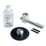 7-inch polishing kit components: bottle of cleaning liquid, metal mandrel and adapter, large black polishing disc, and two black strips