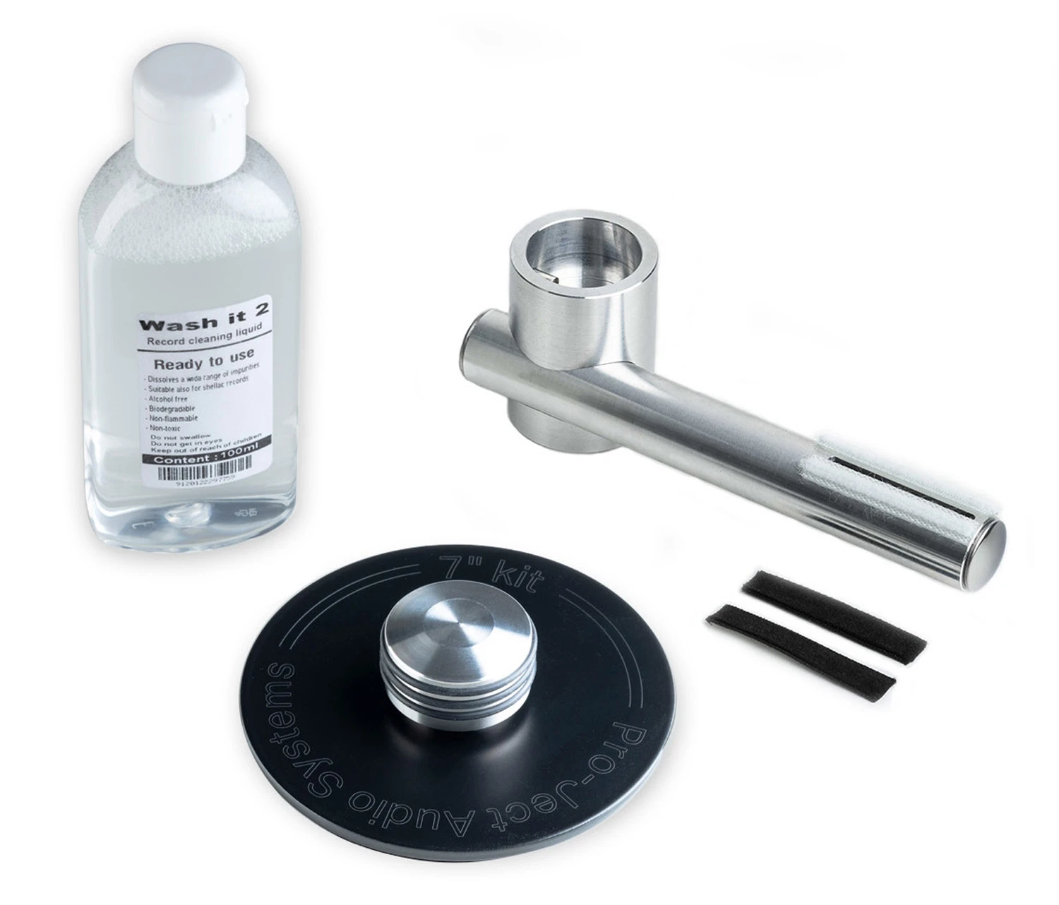 pro-ject-vc-7-kit-pre-vc-e2 - Enigma High Fidelity Audio 7-inch polishing kit components: bottle of cleaning liquid, metal mandrel and adapter, large black polishing disc, and two black strips