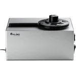 Silver rectangular Pro-Ject audio device with a large circular control dial on top and a black handle-like lever, viewed from the side-left angle.
