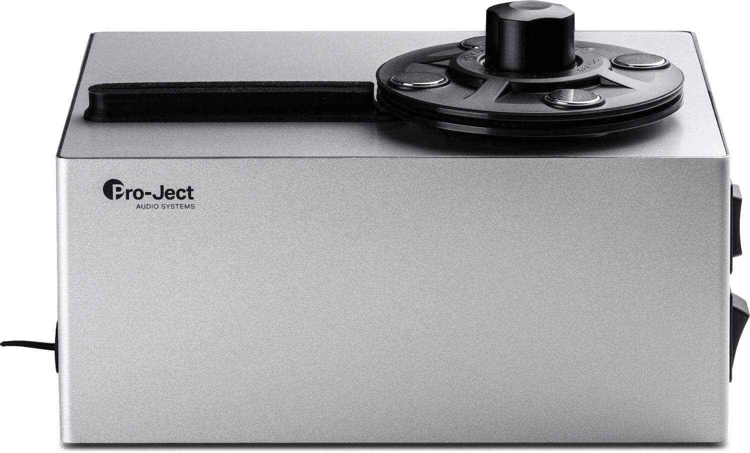 pro-ject-vc-e-mini - Enigma High Fidelity Audio Silver rectangular Pro-Ject audio device with a large circular control dial on top and a black handle-like lever, viewed from the side-left angle.