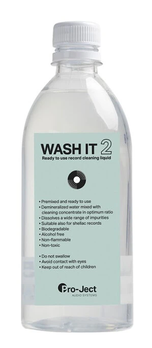pro-ject-wash-it-500ml - Enigma High Fidelity Audio Bottle of Wash It 2 ready-to-use vinyl record cleaning liquid with a light blue label describing features and usage