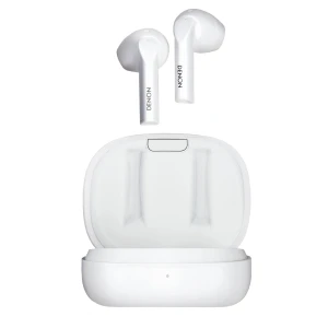White true wireless earbuds with Denon branding on the stems, placed above an open white charging case against a white background.