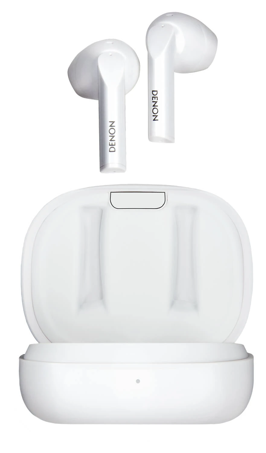 denon-ah-c500w-biela - Enigma High Fidelity Audio White true wireless earbuds with Denon branding on the stems, placed above an open white charging case against a white background.