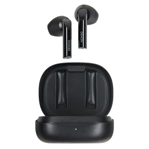 Denon true wireless earbuds with open charging case, black glossy finish and blue branding on the stems