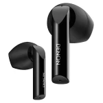 Black Denon wireless earbuds shown in close-up with glossy stems and silicone tips