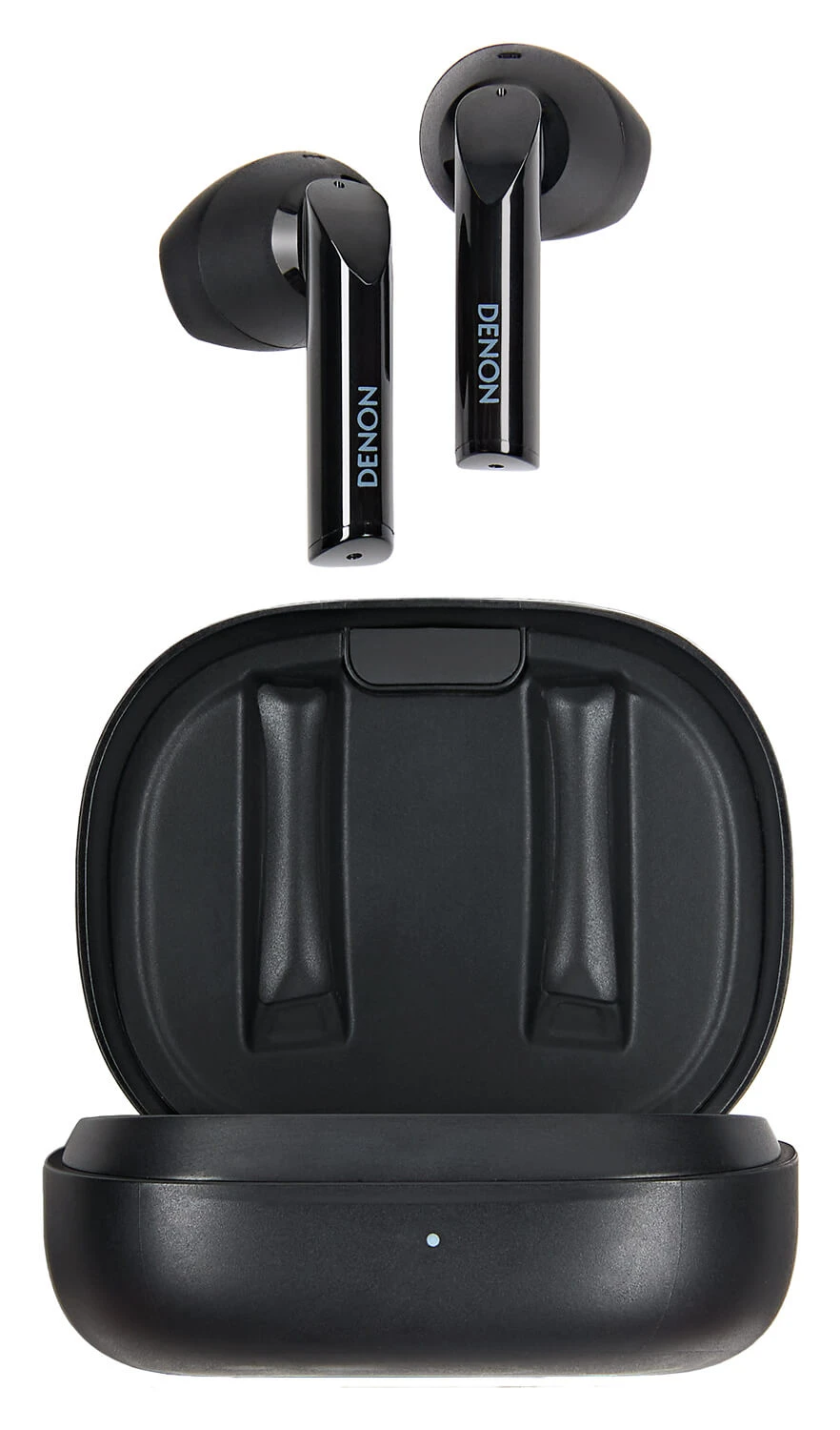 denon-ah-c500w-cierna - Enigma High Fidelity Audio Denon true wireless earbuds with open charging case, black glossy finish and blue branding on the stems